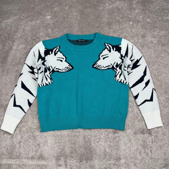 Teal Wolf Graphic Sweater Size S Grunge Indie Animal Print Knit Y2K Alt Cozy - Picture 1 of 6